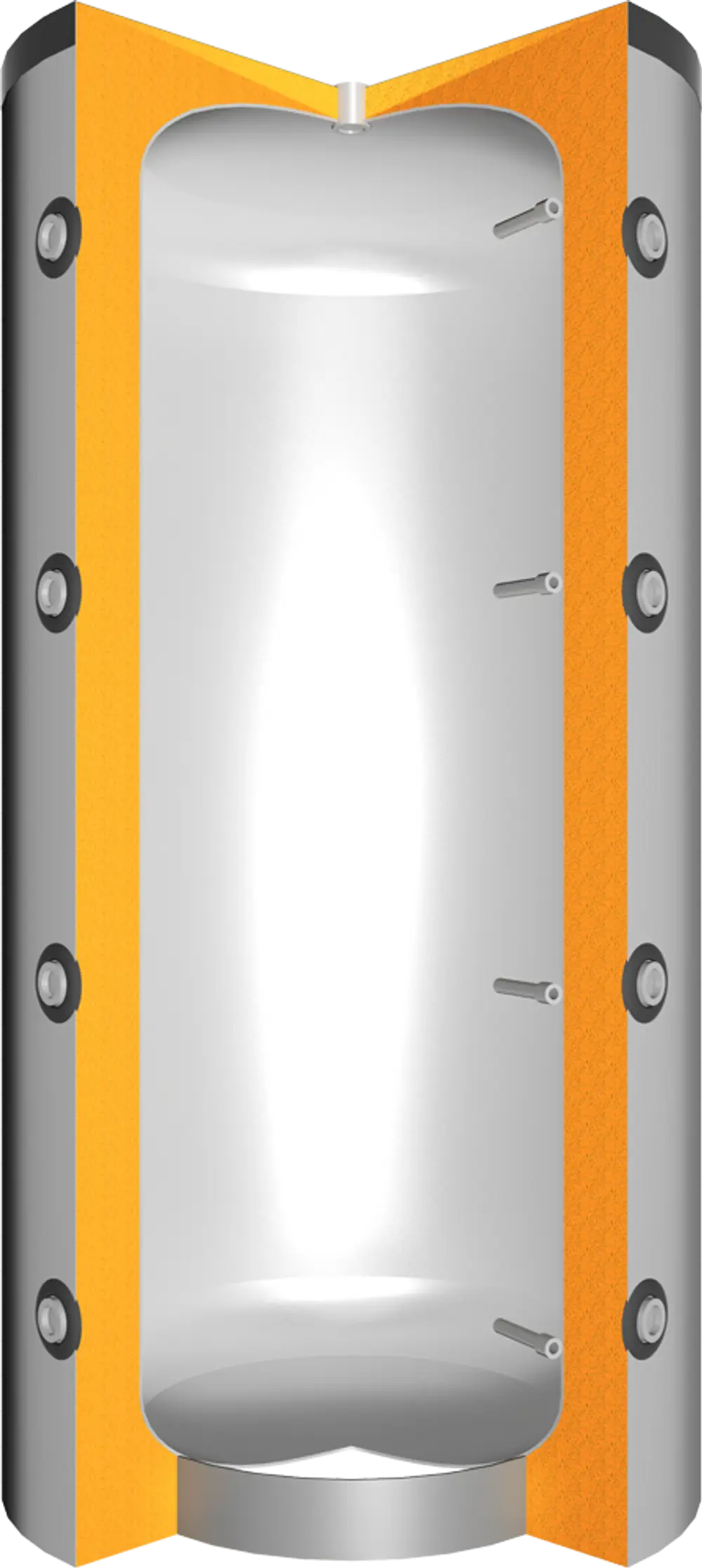 Vertikaler Pufferspeicher von Juratherm in zylindrischer Form, mit einer glatten metallischen Oberfläche und orangefarbenen Isolierstreifen, ohne Wärmetauscher.